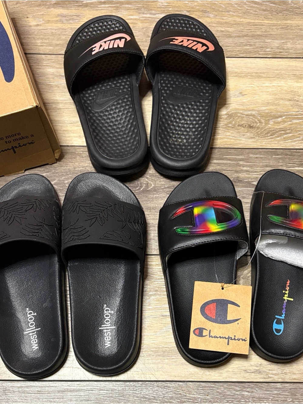 Nike Women's Black Slide / champion slides size 6/ west loop size 5/6
